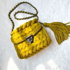 $159 NWOT Handmade Crochet Knitted Luxury Fashion Shoulder Bag Mustard Yellow